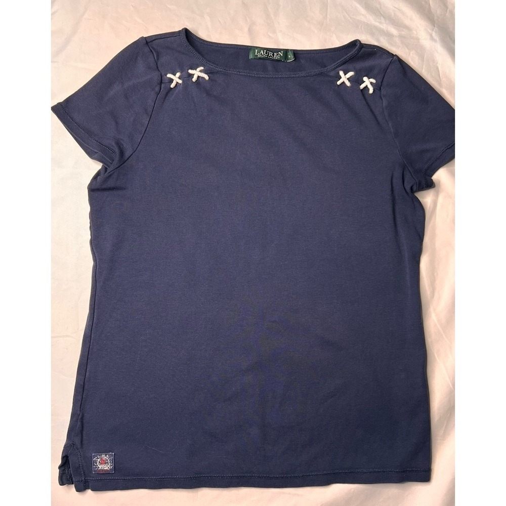 Lauren‎ Ralph Lauren Lace Up Top Women Large Blue Ribbed Short Sleeve V-Neck